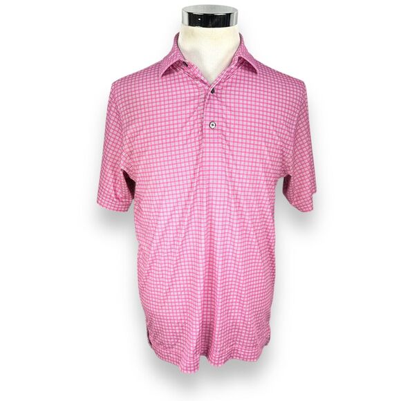 FootJoy Polo Shirt Men's Small Pink Lisle Plaid Print Stretch Short Sleeve Golf - Picture 1 of 10